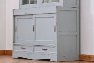 アンティーク家具　アンティークペイント　かわいい二段重ね食器棚(カップボード、収納棚)