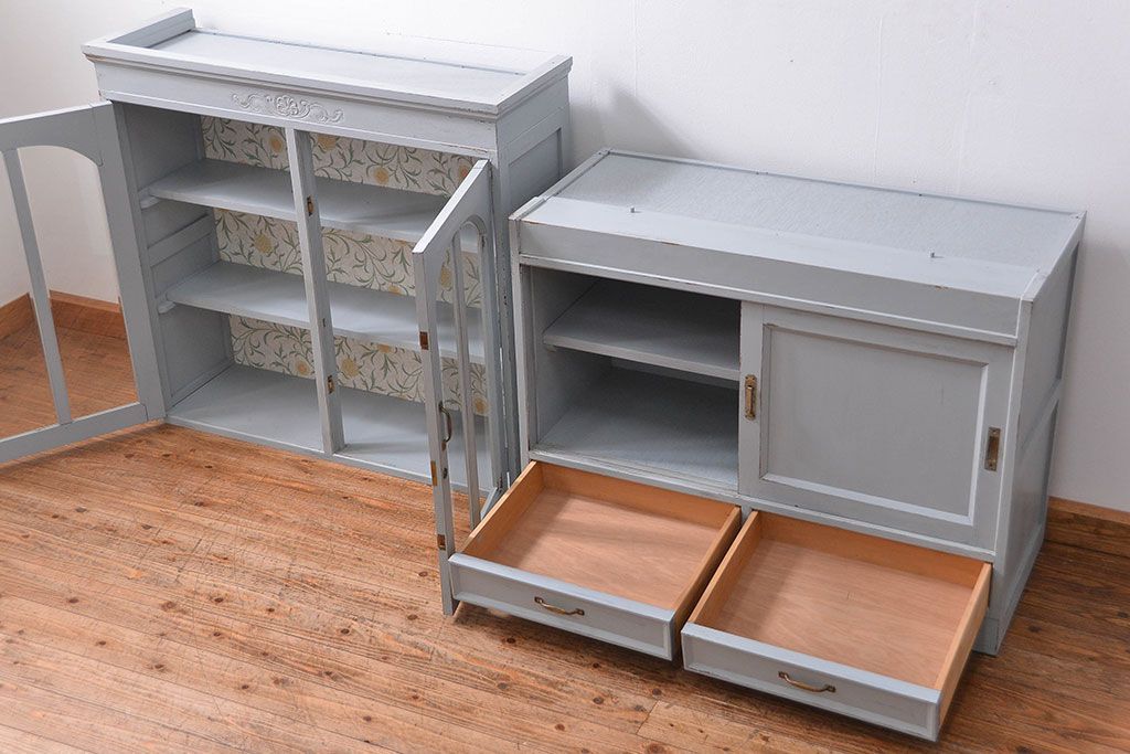 アンティーク家具　アンティークペイント　かわいい二段重ね食器棚(カップボード、収納棚)