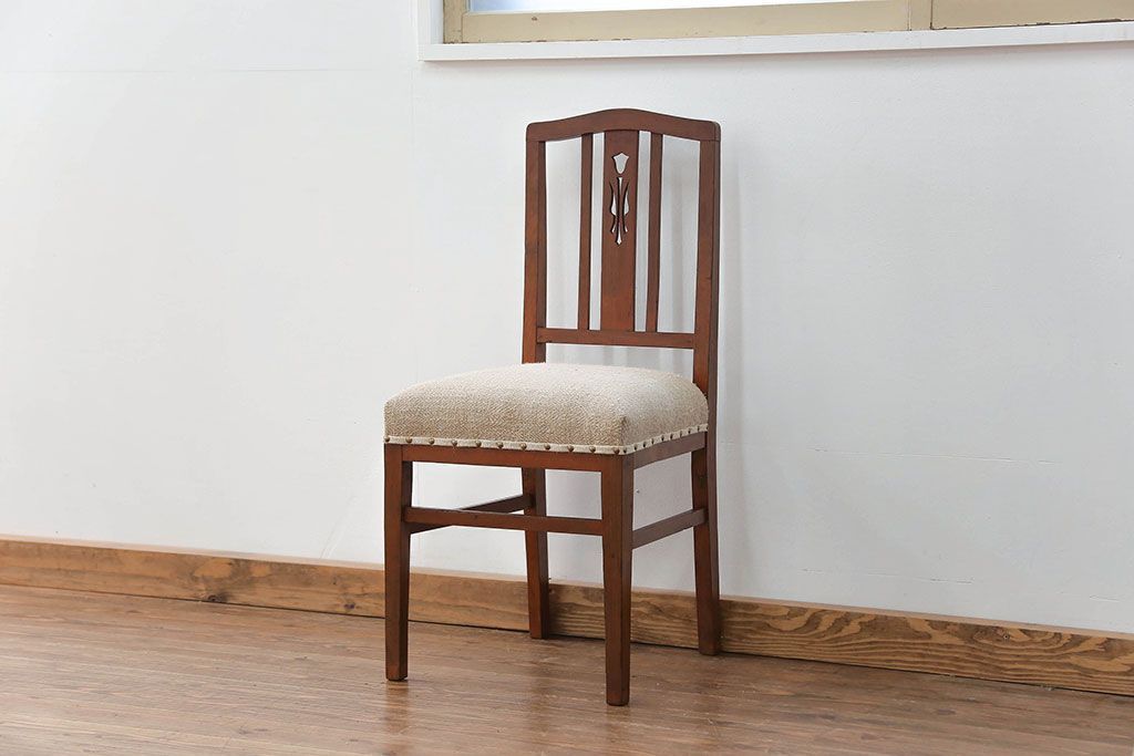 レトロ家具　昭和レトロ アンティークリネン座面のチェア(1)(椅子、イス)