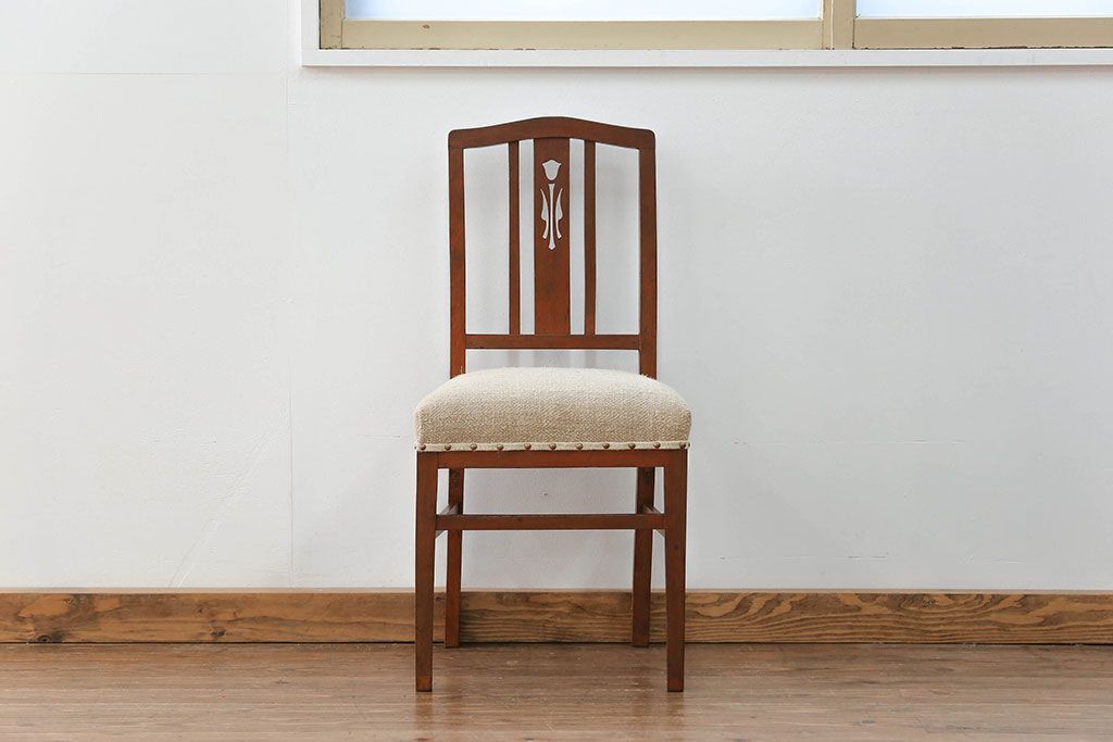 レトロ家具　昭和レトロ アンティークリネン座面のチェア(1)(椅子、イス)