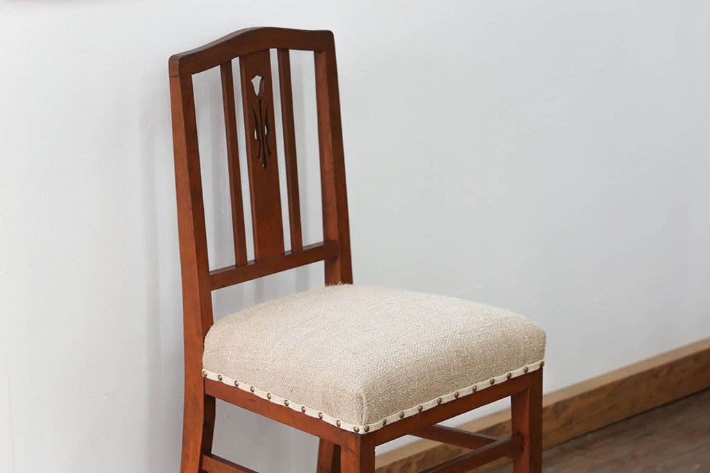 レトロ家具　昭和レトロ アンティークリネン座面のチェア(1)(椅子、イス)