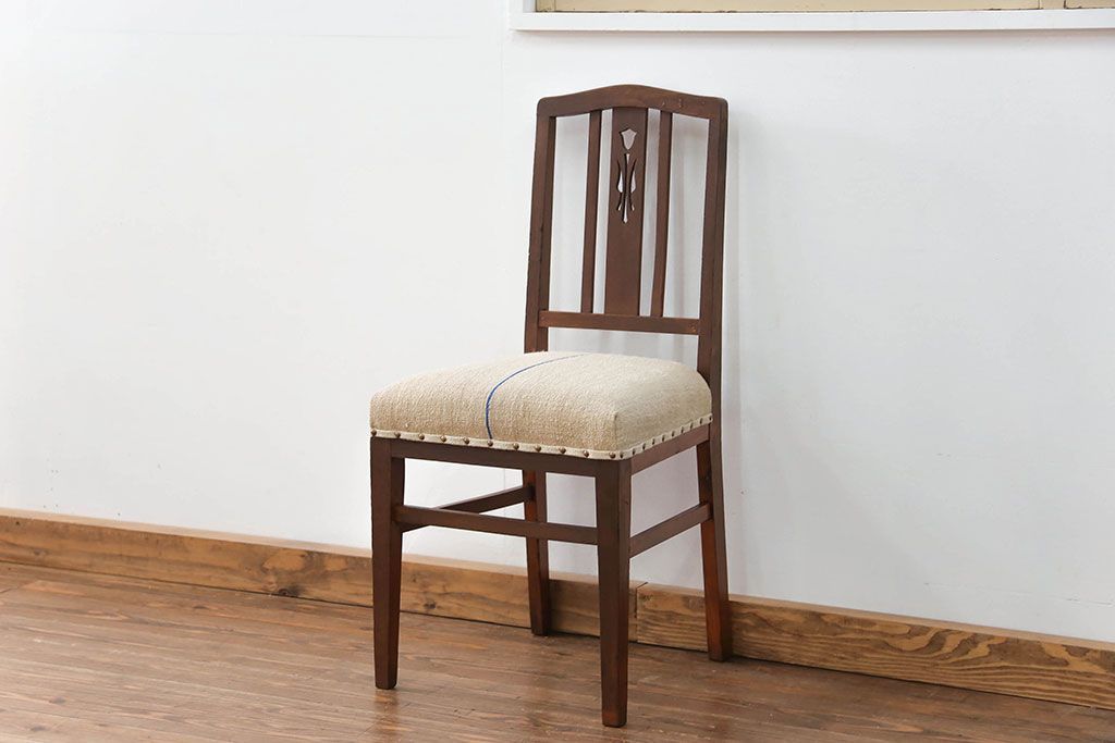 レトロ家具　昭和レトロ アンティークリネン座面のチェア(2)(椅子、イス)