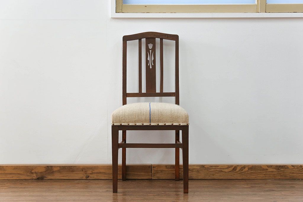レトロ家具　昭和レトロ アンティークリネン座面のチェア(2)(椅子、イス)