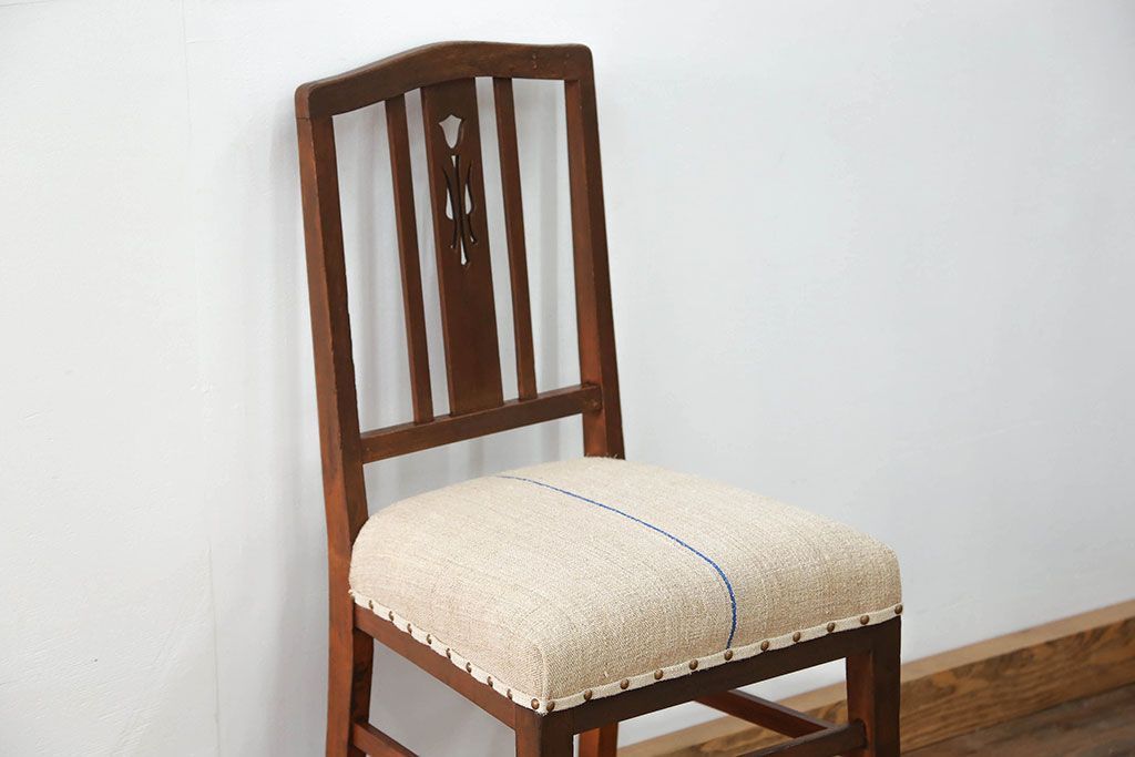 レトロ家具　昭和レトロ アンティークリネン座面のチェア(2)(椅子、イス)