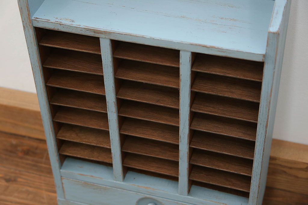 レトロ家具　昭和レトロ アンティークペイントの引き出し付きレターケース(書類棚、小引き出し)
