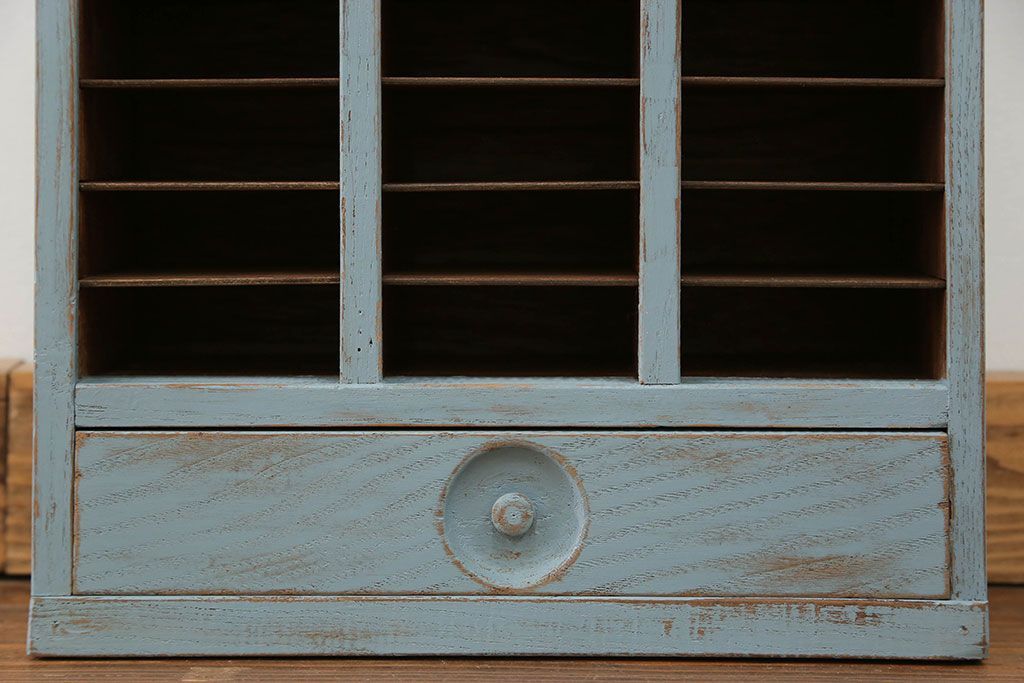 レトロ家具　昭和レトロ アンティークペイントの引き出し付きレターケース(書類棚、小引き出し)