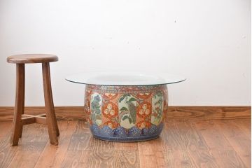 アンティーク雑貨　古民具・骨董　特大!火鉢センターテーブル (手焙り、伊万里、十錦手、窓絵)