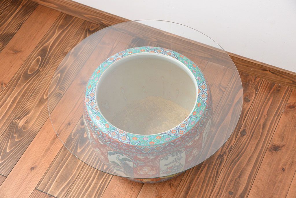 アンティーク雑貨　古民具・骨董　特大!火鉢センターテーブル (手焙り、伊万里、十錦手、窓絵)