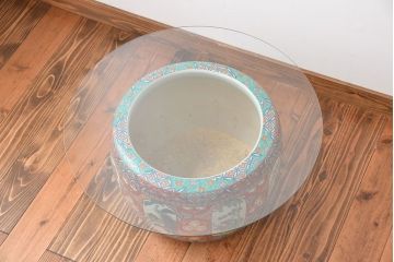 アンティーク雑貨　古民具・骨董　特大!火鉢センターテーブル (手焙り、伊万里、十錦手、窓絵)