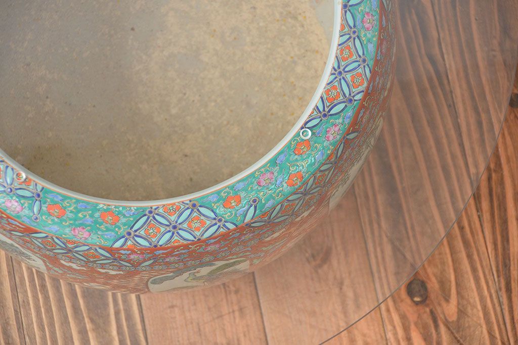 アンティーク雑貨　古民具・骨董　特大!火鉢センターテーブル (手焙り、伊万里、十錦手、窓絵)