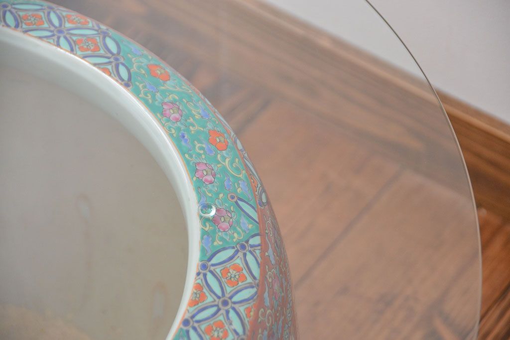 アンティーク雑貨　古民具・骨董　特大!火鉢センターテーブル (手焙り、伊万里、十錦手、窓絵)