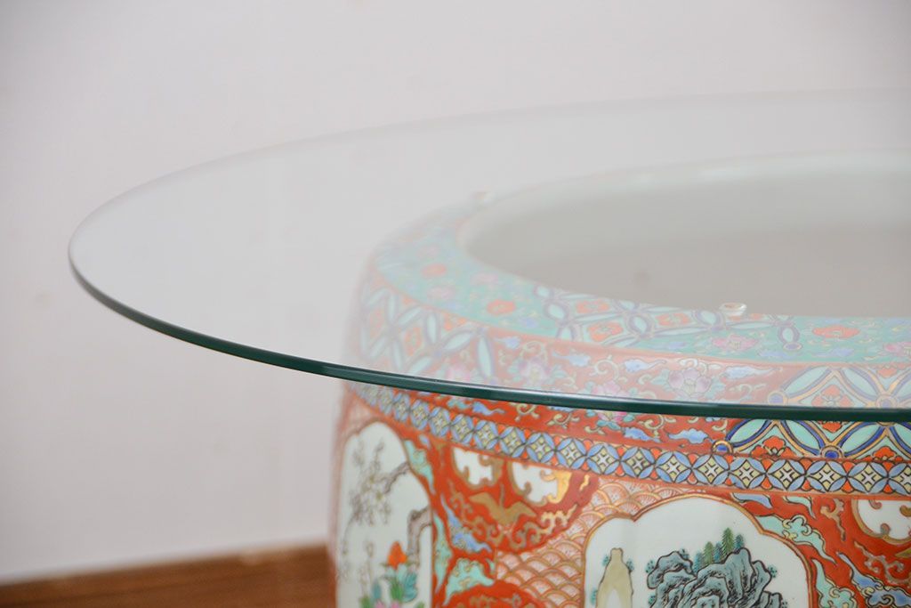 アンティーク雑貨　古民具・骨董　特大!火鉢センターテーブル (手焙り、伊万里、十錦手、窓絵)