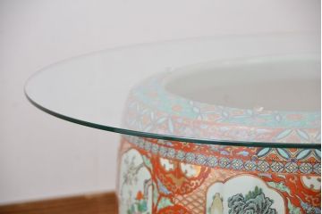 アンティーク雑貨　古民具・骨董　特大!火鉢センターテーブル (手焙り、伊万里、十錦手、窓絵)