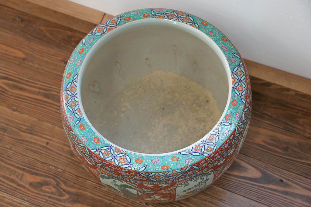 アンティーク雑貨　古民具・骨董　特大!火鉢センターテーブル (手焙り、伊万里、十錦手、窓絵)