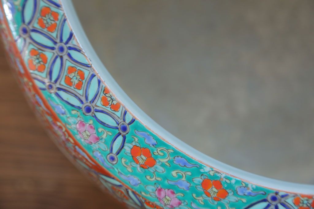 アンティーク雑貨　古民具・骨董　特大!火鉢センターテーブル (手焙り、伊万里、十錦手、窓絵)