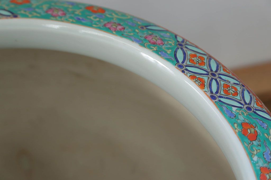 アンティーク雑貨　古民具・骨董　特大!火鉢センターテーブル (手焙り、伊万里、十錦手、窓絵)