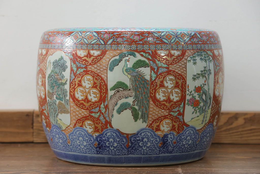 アンティーク雑貨　古民具・骨董　特大!火鉢センターテーブル (手焙り、伊万里、十錦手、窓絵)