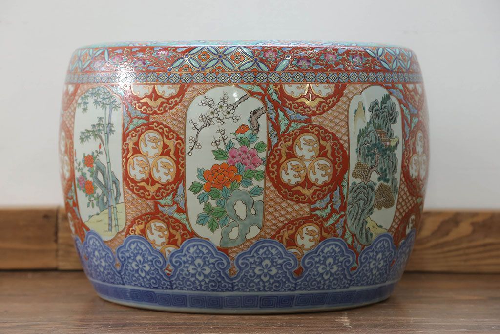 アンティーク雑貨　古民具・骨董　特大!火鉢センターテーブル (手焙り、伊万里、十錦手、窓絵)