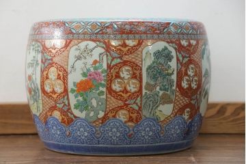 アンティーク雑貨　古民具・骨董　特大!火鉢センターテーブル (手焙り、伊万里、十錦手、窓絵)