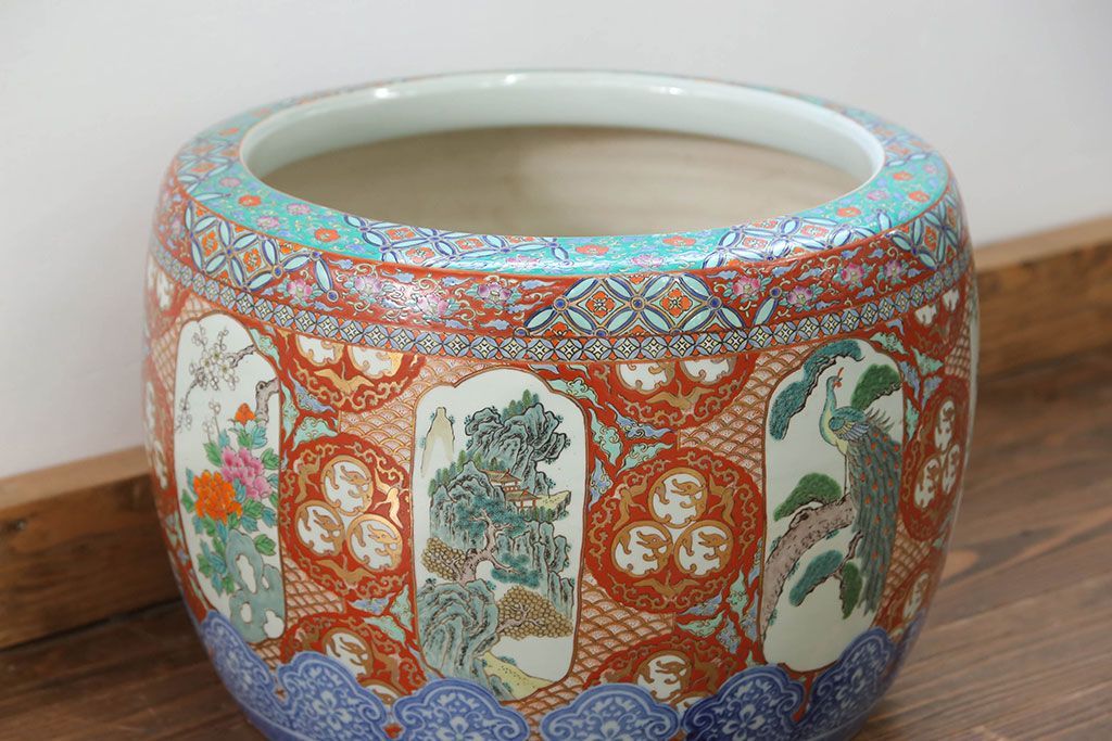 アンティーク雑貨　古民具・骨董　特大!火鉢センターテーブル (手焙り、伊万里、十錦手、窓絵)