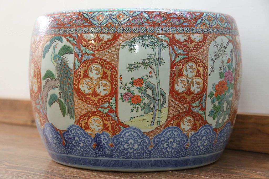 アンティーク雑貨　古民具・骨董　特大!火鉢センターテーブル (手焙り、伊万里、十錦手、窓絵)