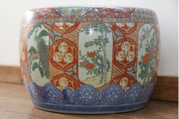 アンティーク雑貨　古民具・骨董　特大!火鉢センターテーブル (手焙り、伊万里、十錦手、窓絵)