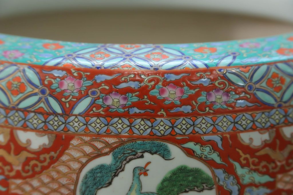 アンティーク雑貨　古民具・骨董　特大!火鉢センターテーブル (手焙り、伊万里、十錦手、窓絵)