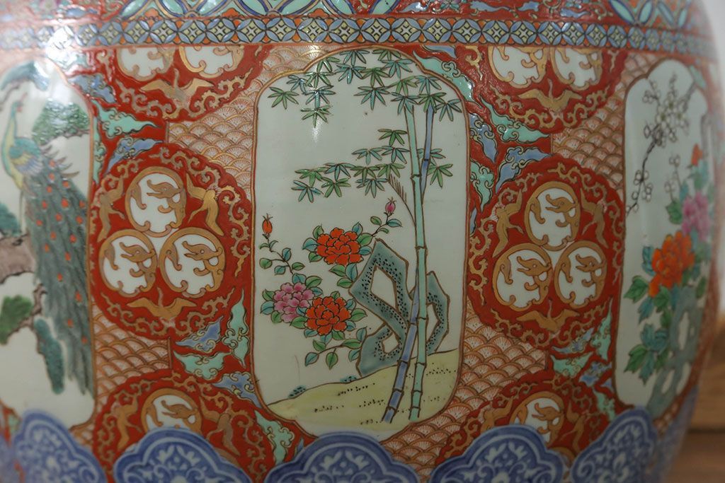 アンティーク雑貨　古民具・骨董　特大!火鉢センターテーブル (手焙り、伊万里、十錦手、窓絵)