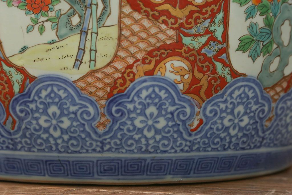 アンティーク雑貨　古民具・骨董　特大!火鉢センターテーブル (手焙り、伊万里、十錦手、窓絵)