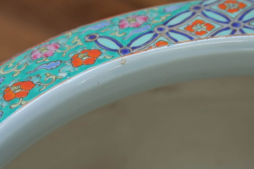 アンティーク雑貨　古民具・骨董　特大!火鉢センターテーブル (手焙り、伊万里、十錦手、窓絵)