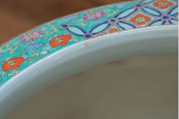 アンティーク雑貨　古民具・骨董　特大!火鉢センターテーブル (手焙り、伊万里、十錦手、窓絵)