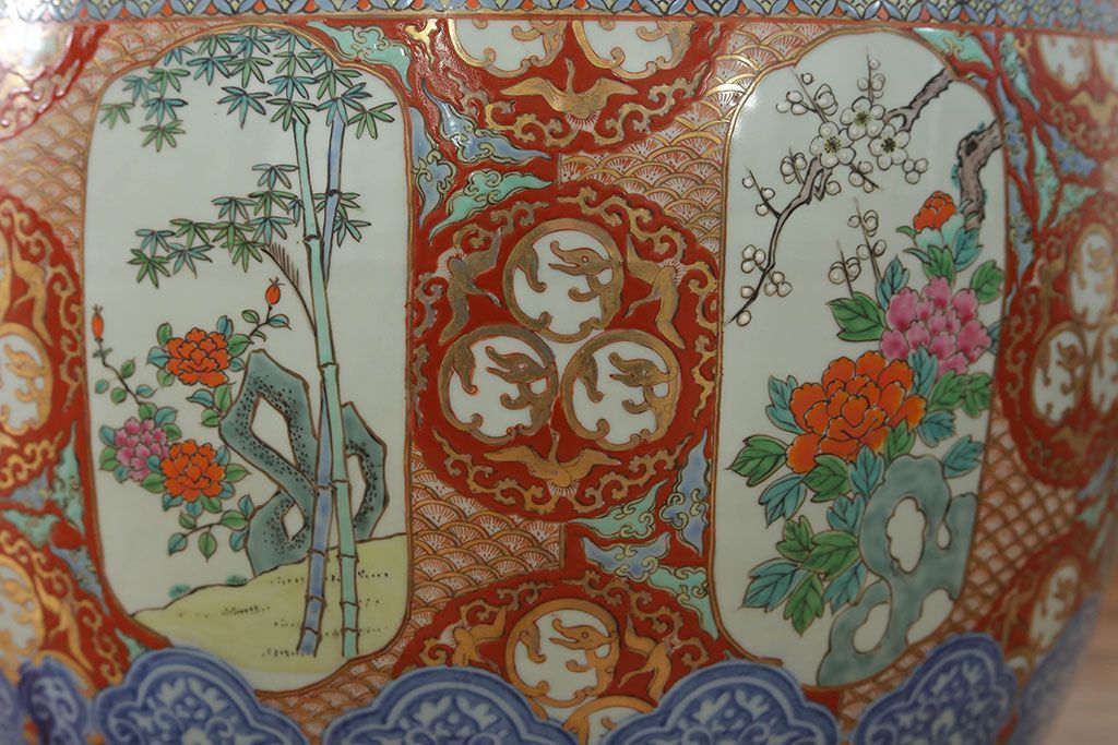 アンティーク雑貨　古民具・骨董　特大!火鉢センターテーブル (手焙り、伊万里、十錦手、窓絵)