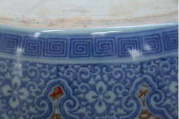 アンティーク雑貨　古民具・骨董　特大!火鉢センターテーブル (手焙り、伊万里、十錦手、窓絵)