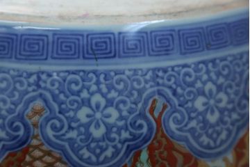 アンティーク雑貨　古民具・骨董　特大!火鉢センターテーブル (手焙り、伊万里、十錦手、窓絵)