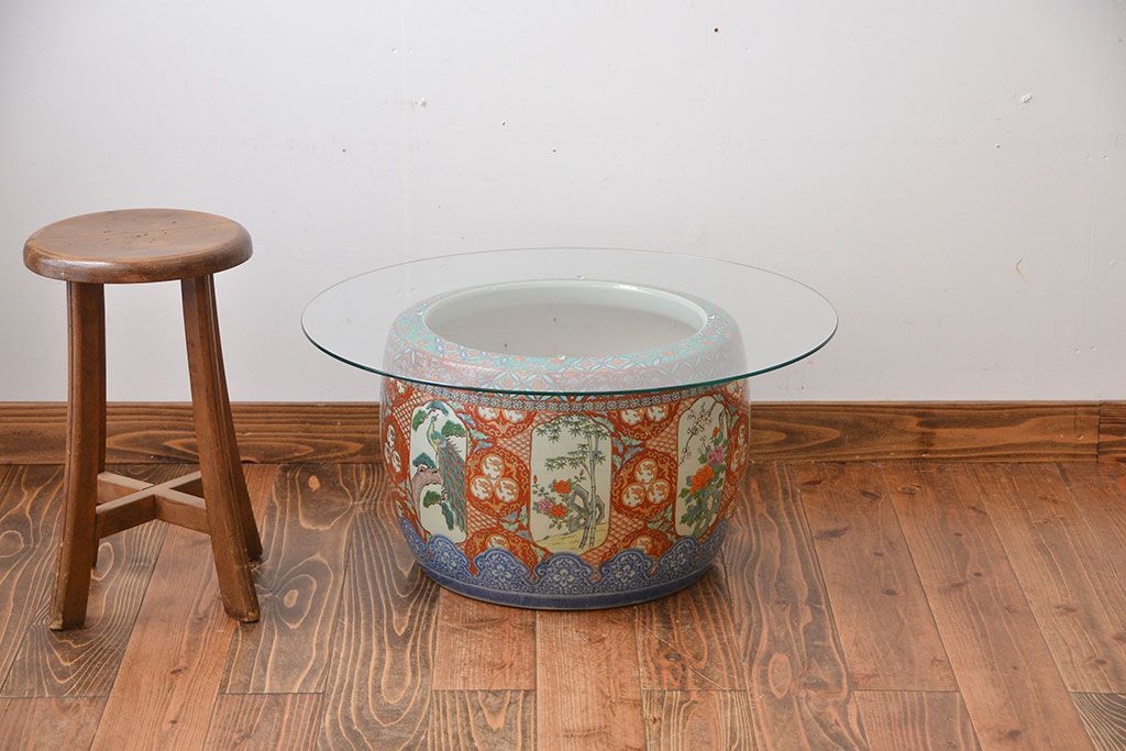 アンティーク雑貨　古民具・骨董　特大!火鉢センターテーブル (手焙り、伊万里、十錦手、窓絵)