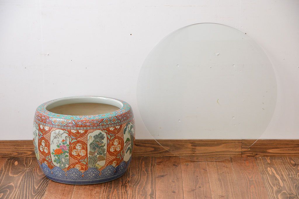 アンティーク雑貨　古民具・骨董　特大!火鉢センターテーブル (手焙り、伊万里、十錦手、窓絵)