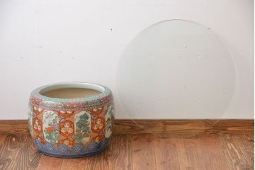 アンティーク雑貨　古民具・骨董　特大!火鉢センターテーブル (手焙り、伊万里、十錦手、窓絵)