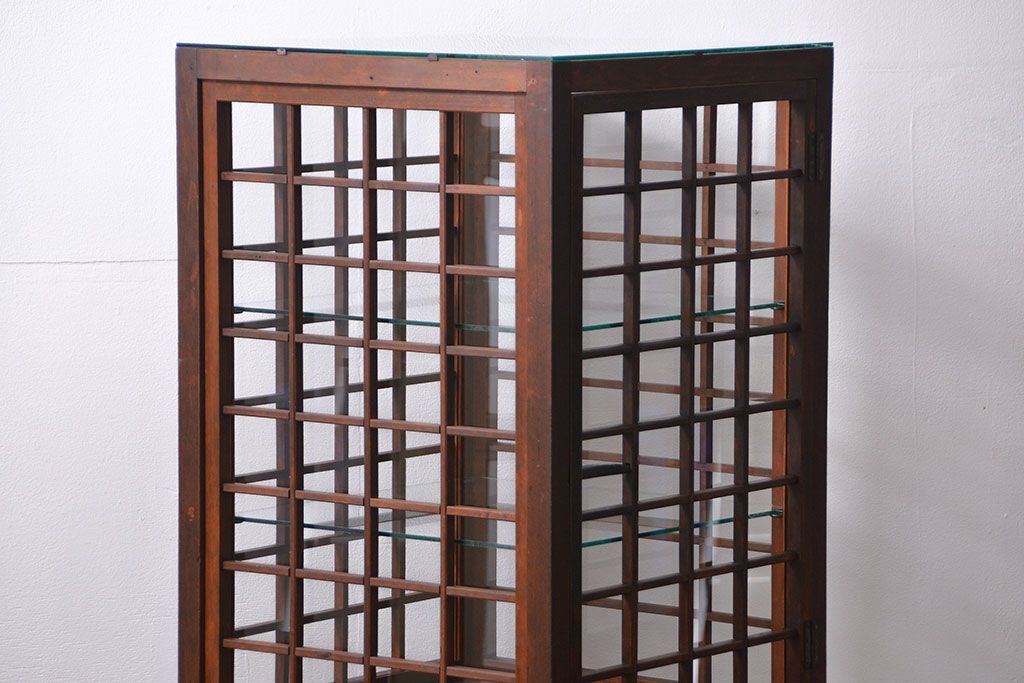 アンティーク家具　古民具・骨董　脚付き!古い木製のアンティーク格子ガラスケース