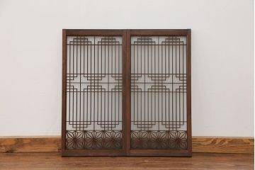 アンティーク 組子細工の小振りなガラス戸2枚セット(引き戸)