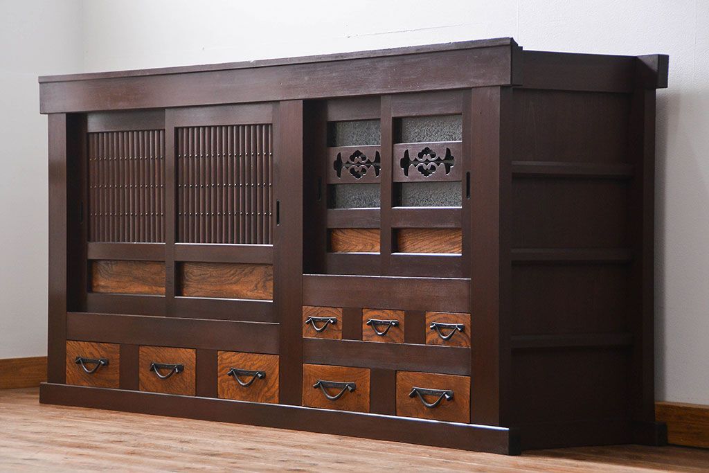 アンティーク家具　六尺　古民具・骨董 丸桟仕上げの水屋箪笥サイドボード