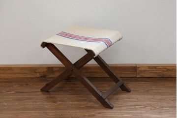 アンティーク家具　アンティークリネン座面の折り畳みスツール