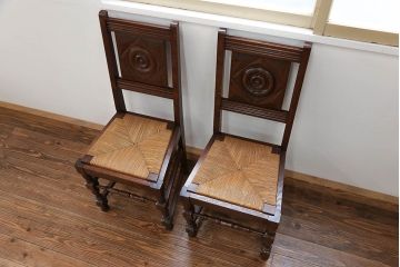 アンティーク家具　フランスアンティーク　オーク材　上質なアールデコ　ラッシチェア2脚セット(1)(椅子、イス)
