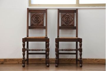 アンティーク家具　フランスアンティーク　オーク材　上質なアールデコ　ラッシチェア2脚セット(2)(椅子、イス)