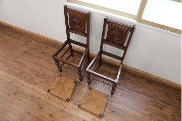 アンティーク家具　フランスアンティーク　オーク材　上質なアールデコ　ラッシチェア2脚セット(2)(椅子、イス)