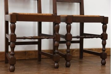 アンティーク家具　フランスアンティーク　オーク材　上質なアールデコ　ラッシチェア2脚セット(3)(椅子、イス)