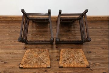 アンティーク家具　フランスアンティーク　オーク材　上質なアールデコ　ラッシチェア2脚セット(3)(椅子、イス)