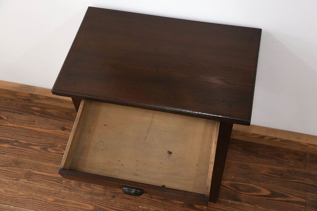 アンティーク家具　アンティーク 古いナラ材の引き出し付きサイドテーブル