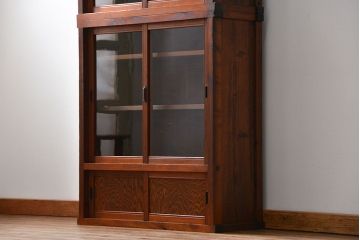 アンティーク家具　アンティーク 古い木のシンプルな二段重ね収納棚 (書棚、食器棚)