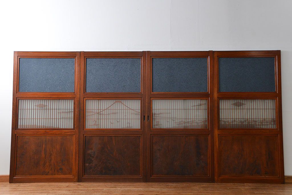 古民具・骨董 モダンな和紙貼り 組子帯戸 4枚セット (ガラス戸、和風建具、ガラス帯戸)