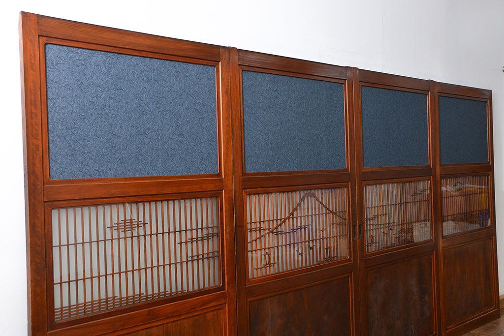 古民具・骨董 モダンな和紙貼り 組子帯戸 4枚セット (ガラス戸、和風建具、ガラス帯戸)